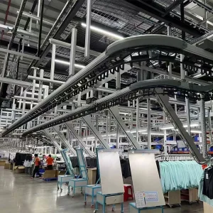 manufacturing and production 02 Automated garment factory conveyor system with workers.
