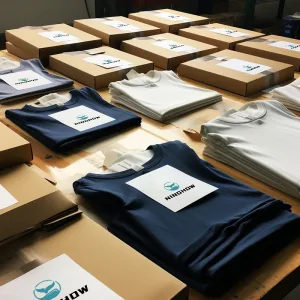 packaging and distribution d Branded t-shirts prepared for distribution.