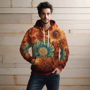Man in colorful printed hoodie standing against wooden background