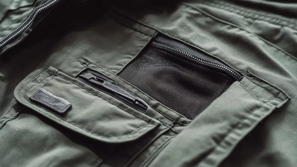 Close up of cargo pants fabric highlighting the texture and practical pocket design c Close up of cargo pants fabric highlighting the texture and practical pocket design c