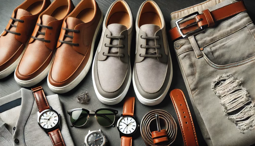 Mens Casual Clothing d Stylish men’s casual shoes and accessories like wristwatches and belts for an elevated look