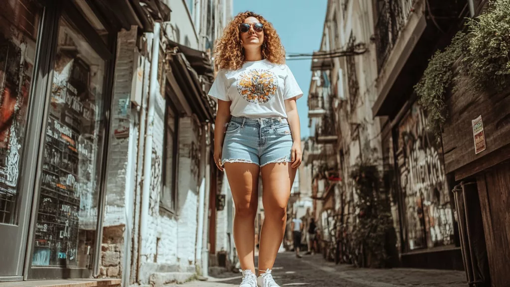 Plus Size Shorts cb Woman styling denim plus size shorts with a graphic tee