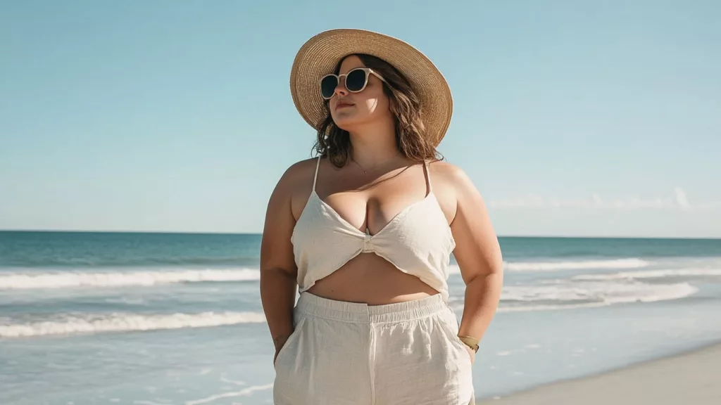 Plus Size Shorts dc Woman wearing linen plus size shorts at the beach