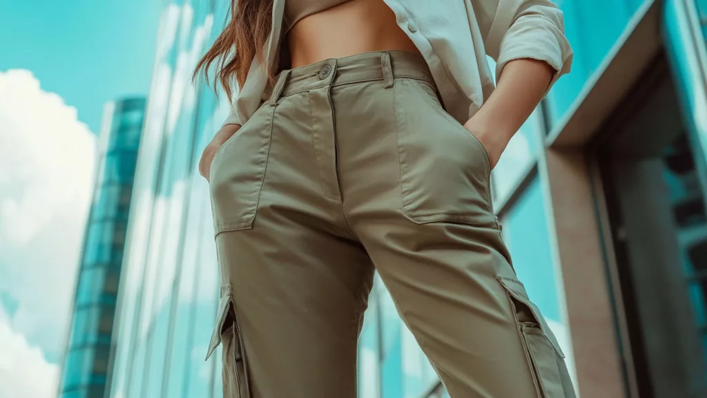Woman wearing fashionable cargo pants styled for a smart casual look c Woman wearing fashionable cargo pants styled for a smart casual look c