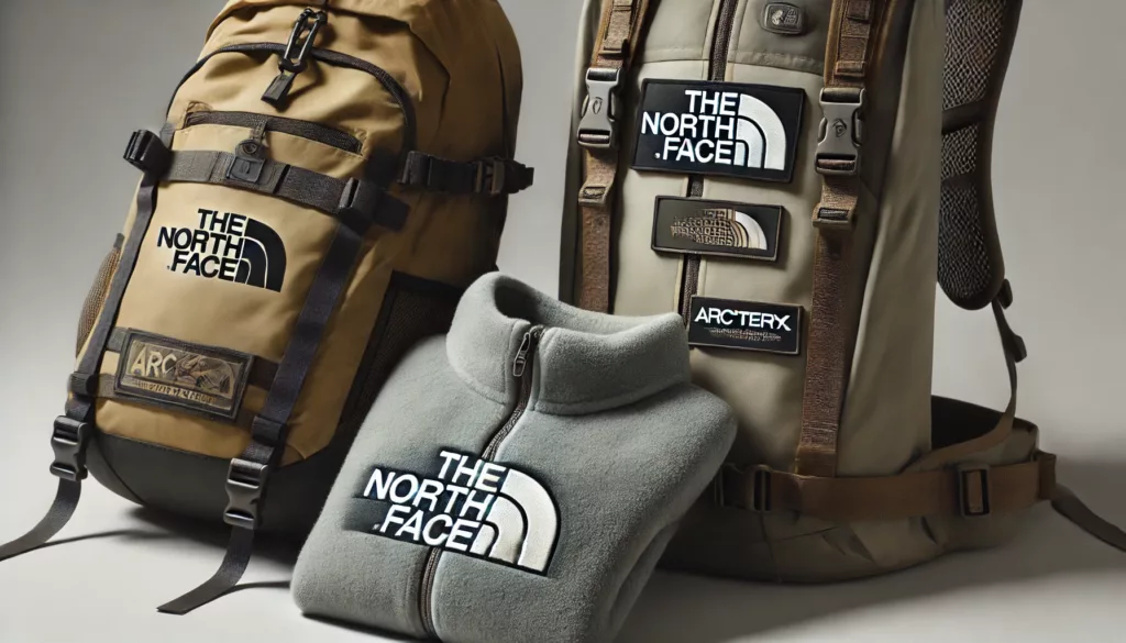 A close up of logos and items from popular hiking streetwear A close up of logos and items from popular hiking streetwear