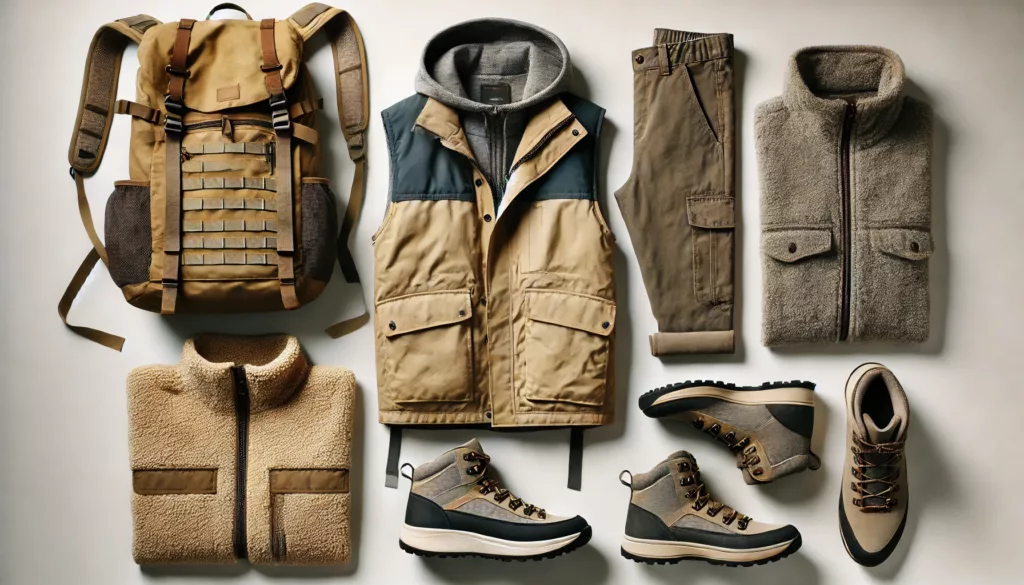 A flat lay of hiking streetwear essentials What is Hiking Streetwear Called?