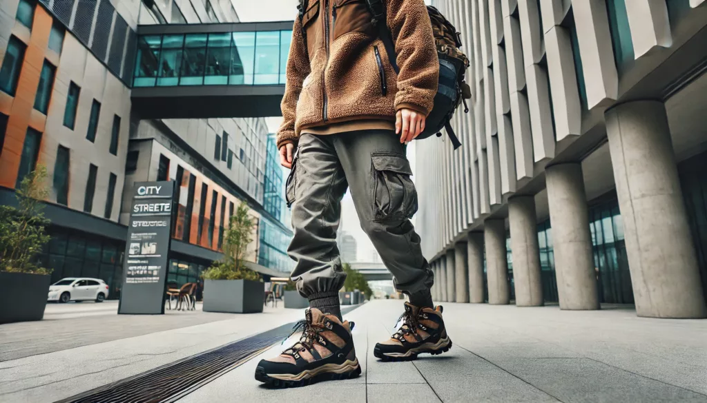 A person wearing hiking streetwear A person wearing hiking streetwear