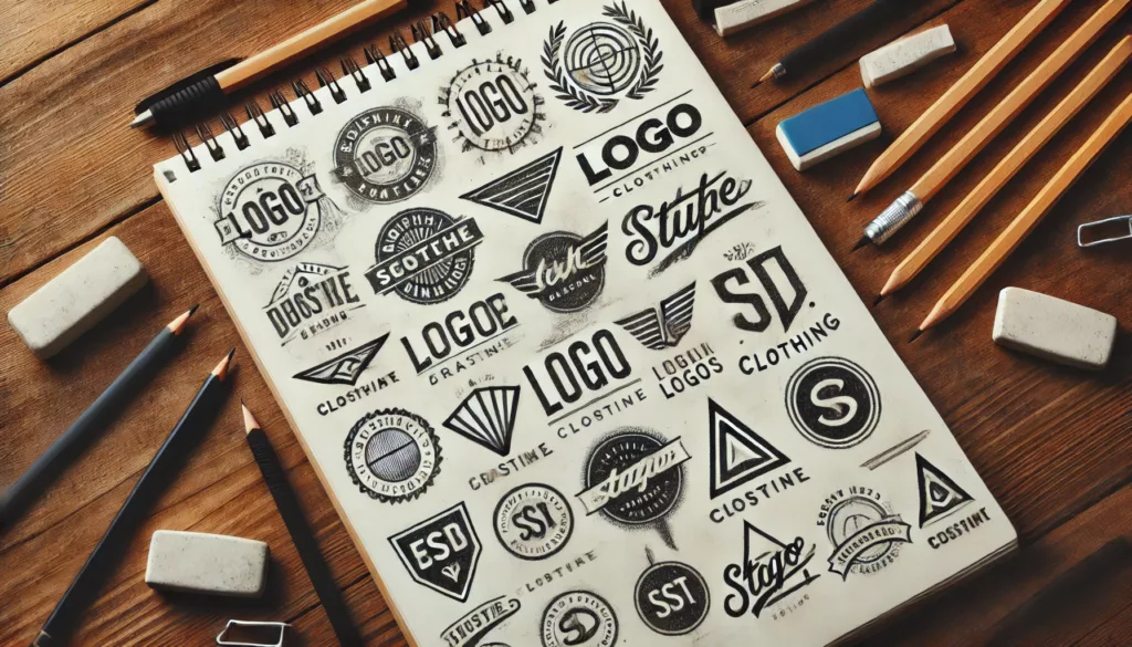 Brainstorming and Sketching Logo Ideas Brainstorming Logo Ideas for a Clothing Brand – Rough sketches and tools.