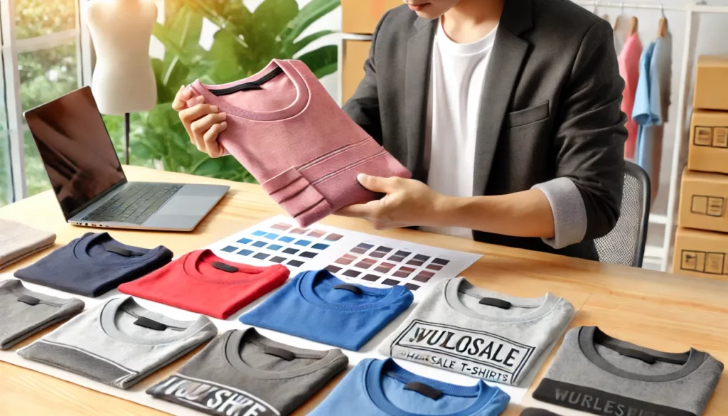 Business Owner Reviewing Samples A business owner inspecting t-shirt samples for quality.