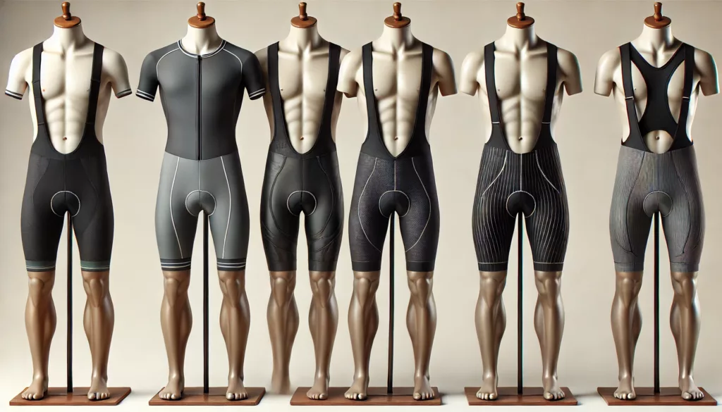 Comparison of Cycling Shorts Comparison of different cycling shorts: regular, bib, and long-distance styles
