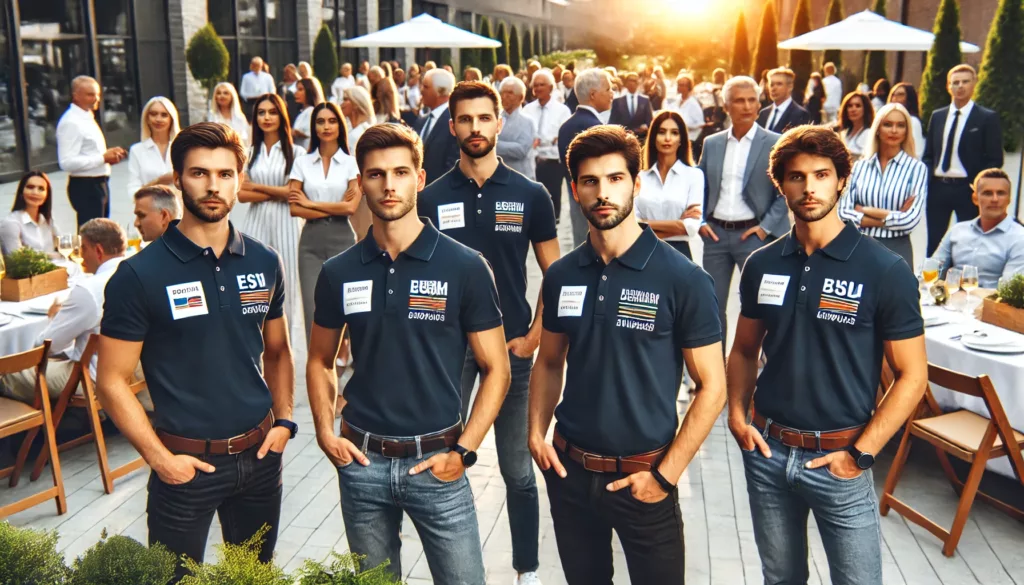 Corporate Branding and Team Uniforms A group of employees at a corporate event wearing custom polo shirts with company logos.