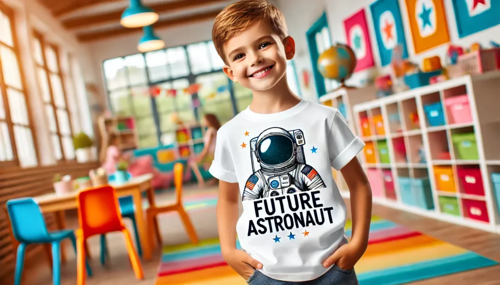 Customizability and Personalization A proud child wearing a custom-printed T-shirt with their name and a fun slogan.