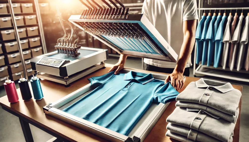 Customization Options Embroidery and Print A workspace where polo shirts are being customized with screen printing or embroidery.