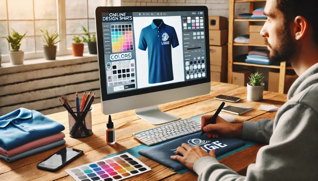 Customization Process A person designing custom polo shirts using an online design tool on a computer screen.