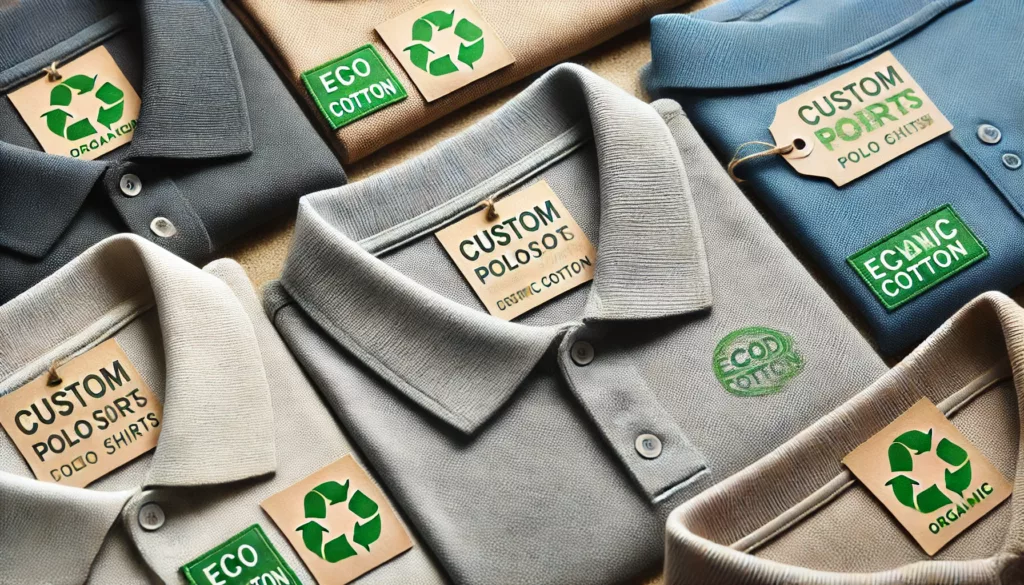 Eco friendly Custom Polo Shirts A collection of eco-friendly custom polo shirts made from sustainable materials like organic cotton or recycled fabric.