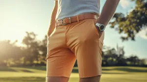 Golfer wearing modern golf shorts, mid-swing under sunny sky