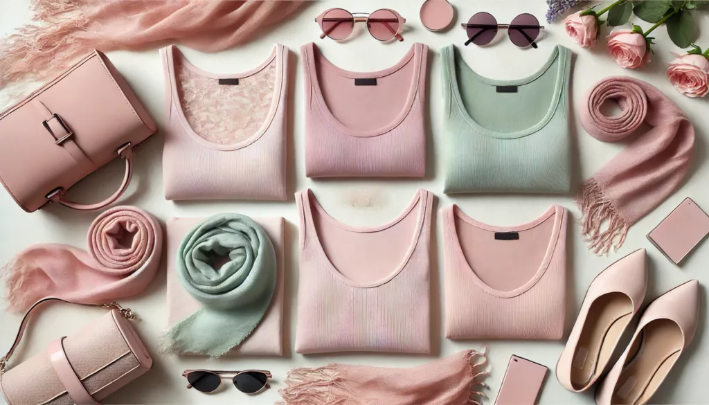 Pastel Colors Pink Mint Lavender Pastel-colored tank tops paired with accessories, perfect for soft and feminine styling