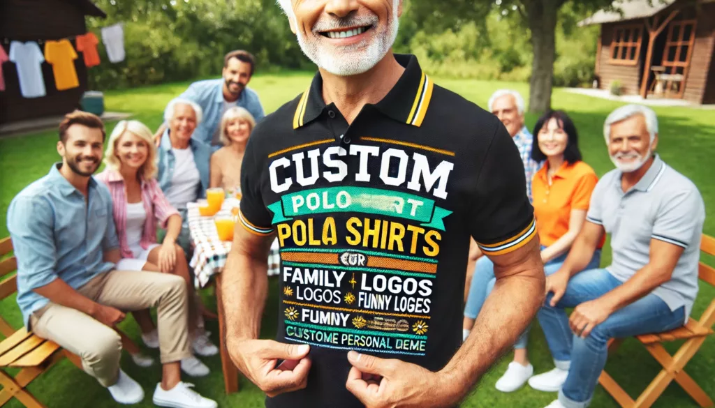 Personal Style and Casual Use Individuals wearing custom polo shirts in a casual setting, like a family reunion or picnic.