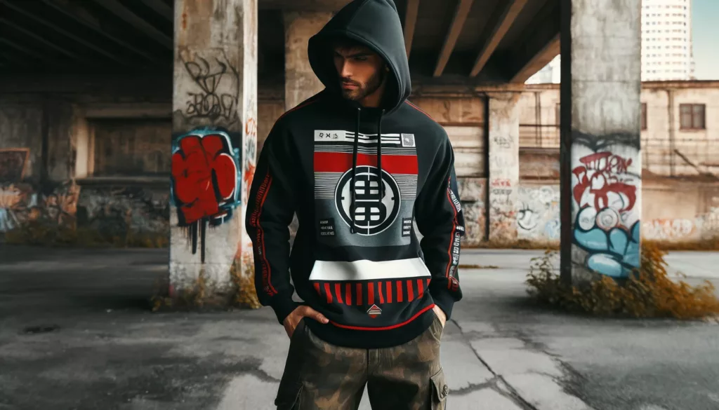 Pullover Hoodie with Bold Graphics A bold graphic pullover hoodie in a streetwear look with an urban background