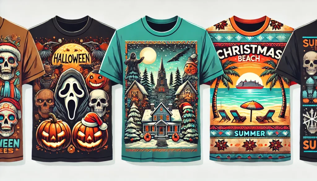 Seasonal and Holiday Designs Seasonal T-shirt designs for holidays like Halloween, Christmas, and summer.