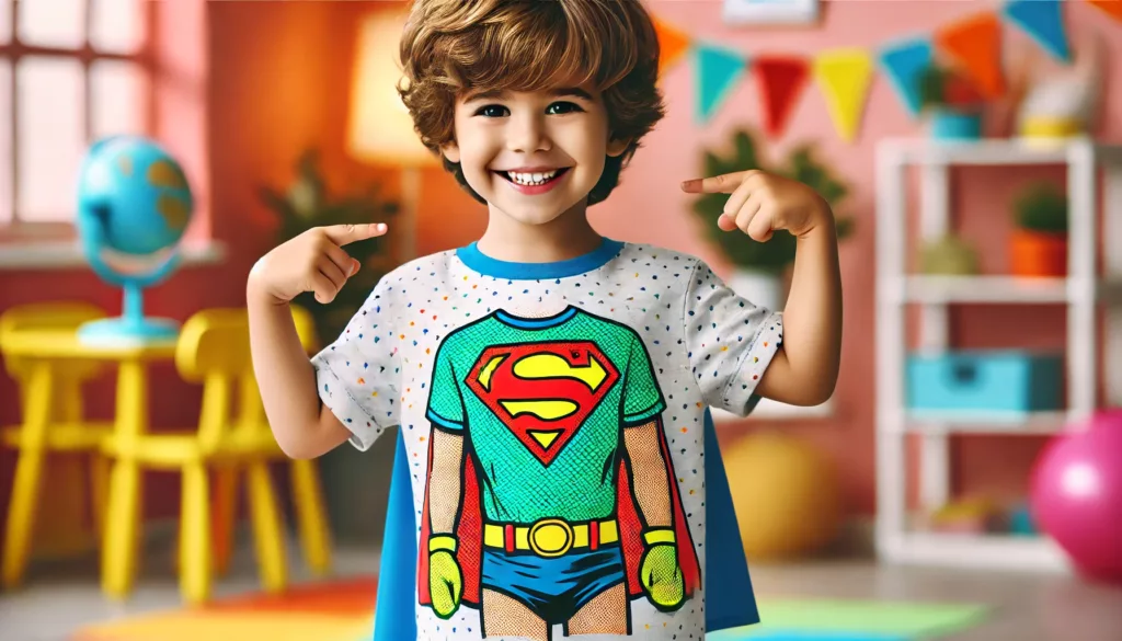 Self Expression Made Simple A cheerful child pointing to their T-shirt featuring their favorite superhero character.