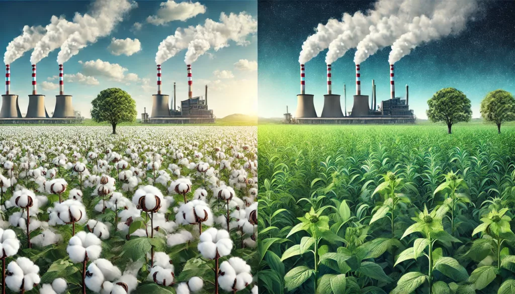 Sustainability Focus Cotton field and nylon production factory showcasing sustainability differences.