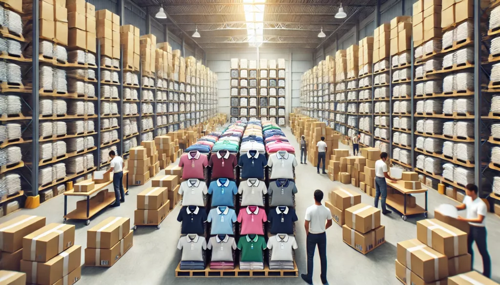 Sustainability in Polo Shirt Manufacturing A warehouse or factory filled with stacks of ready-to-ship polo shirts, emphasizing the scale of manufacturing.