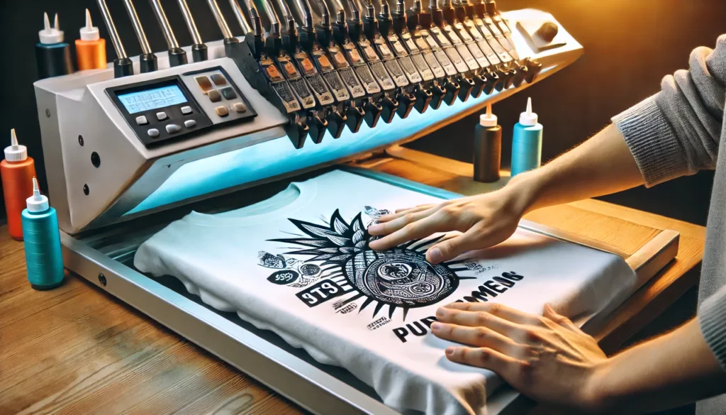 T Shirt Customization Process A close-up of a t-shirt customization process, showing a printing machine in action.