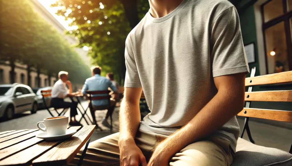 T shirt as Casual Everyday Wear A person wearing a casual T-shirt in a relaxed, everyday setting.