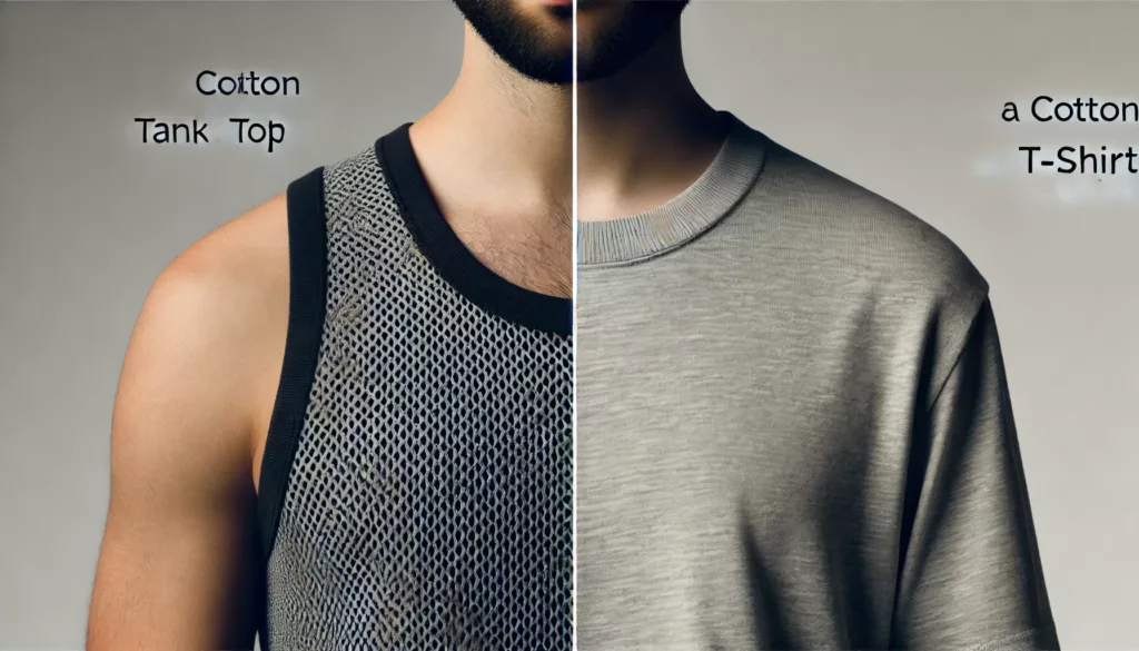 Tank Top and T shirt Comparison A detailed image comparing the fabric, texture, and fit of a tank top and a T-shirt.