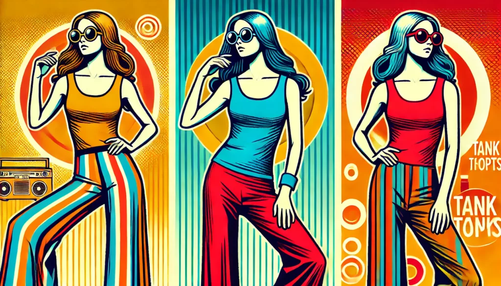 Tank Tops in Pop Culture 1970s–1980s Retro-styled tank tops from the 1970s and 1980s, showcasing bold fashion trends.