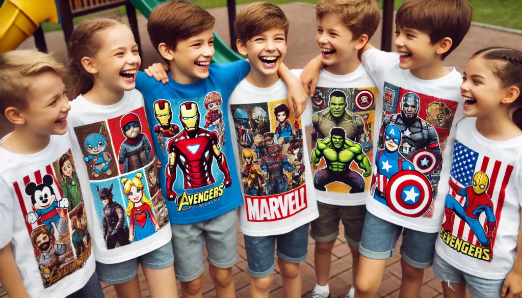 The Influence of Pop Culture Children wearing printed T-shirts featuring popular characters like Mickey Mouse, Spider-Man, and Pokémon.