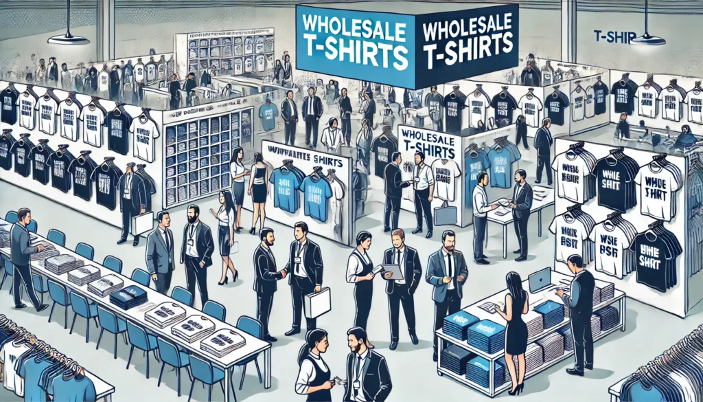 Trade Show or Expo A busy trade show or expo for the apparel industry, with t-shirt vendors and business owners networking.