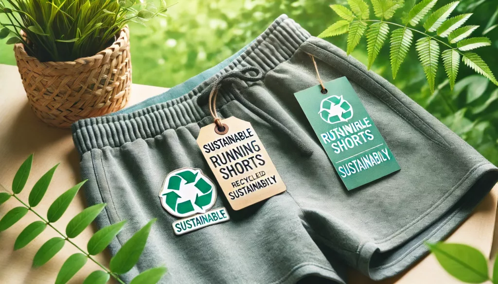 best running shorts e A sustainable running shorts display with eco-friendly tags, set against a natural greenery backdrop to emphasize sustainability.
