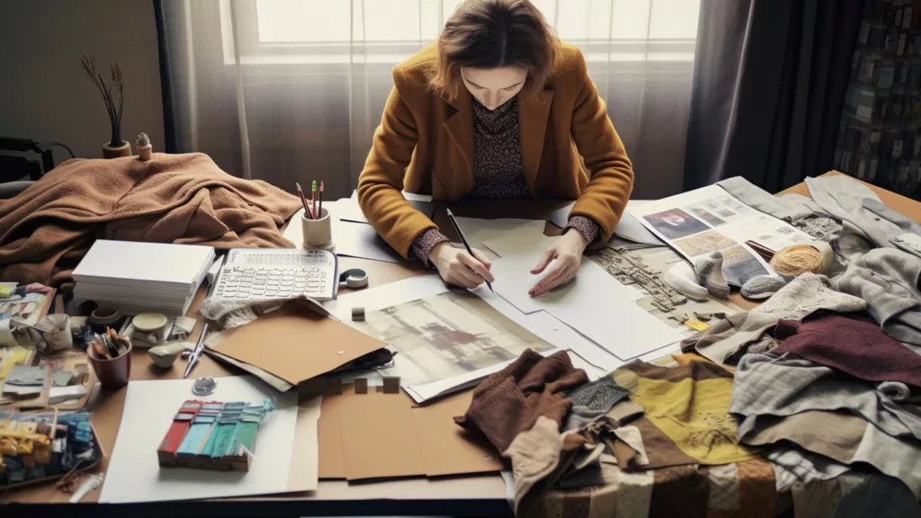 Design Process a Fashion designer sketching clothing ideas with fabric swatches and tools