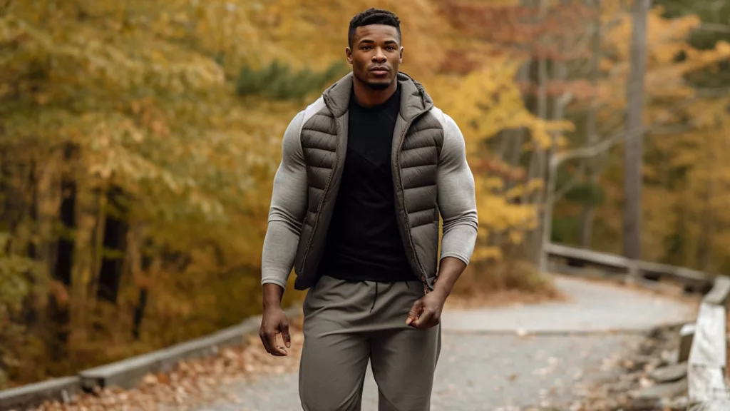 Sporty Look b Sporty outfit with a slim-fit puffer vest, hoodie, and joggers