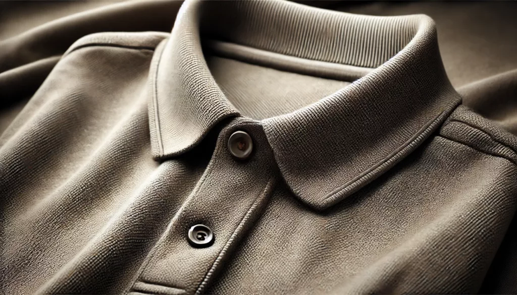 A close up of a premium mens polo shirt highlighting fabric texture collar and stitching A close up of a premium mens polo shirt highlighting fabric texture collar and stitching