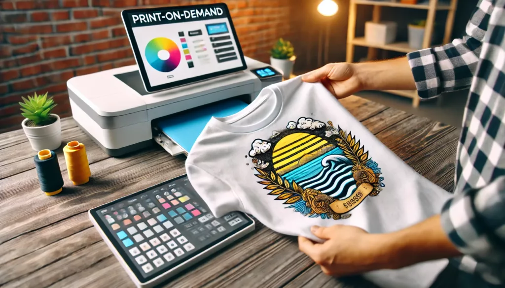 A close up of a t shirt being printed with a custom design through a print on demand service A close up of a t shirt being printed with a custom design through a print on demand service