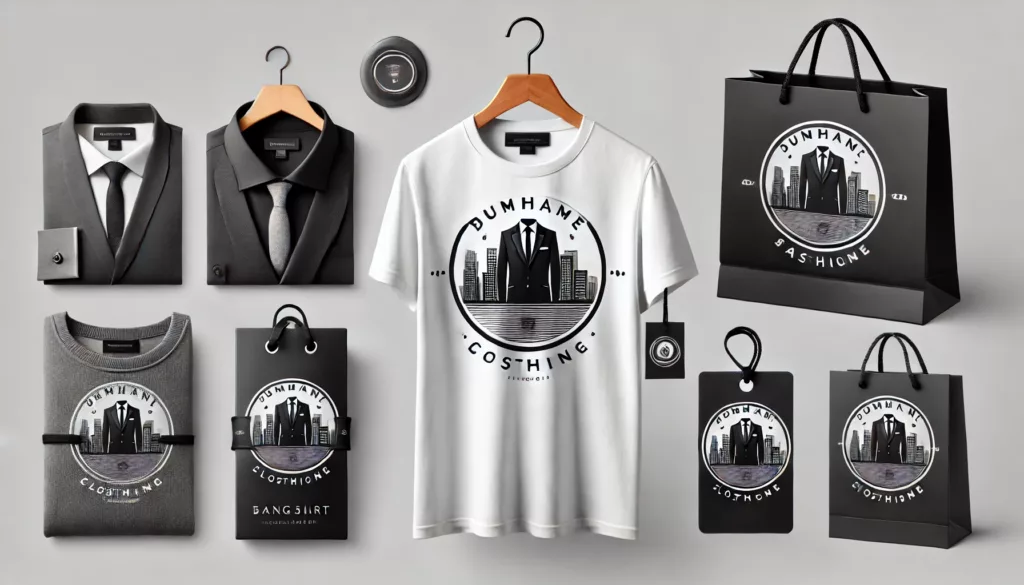 A clothing brands logo on a t shirt hangtags and packaging A clothing brands logo on a t shirt hangtags and packaging