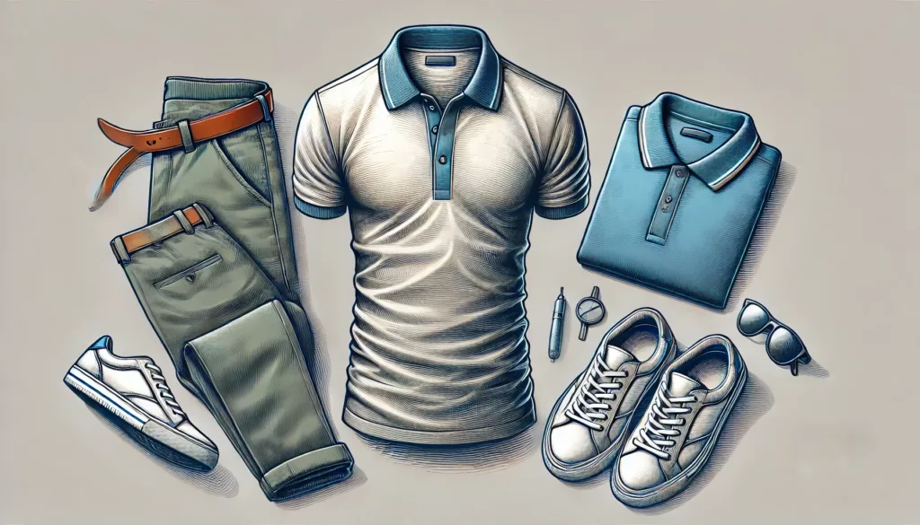 A custom polo shirt displayed with a full outfit paired with casual pants or shorts showcasing versatility A custom polo shirt displayed with a full outfit paired with casual pants or shorts showcasing versatility