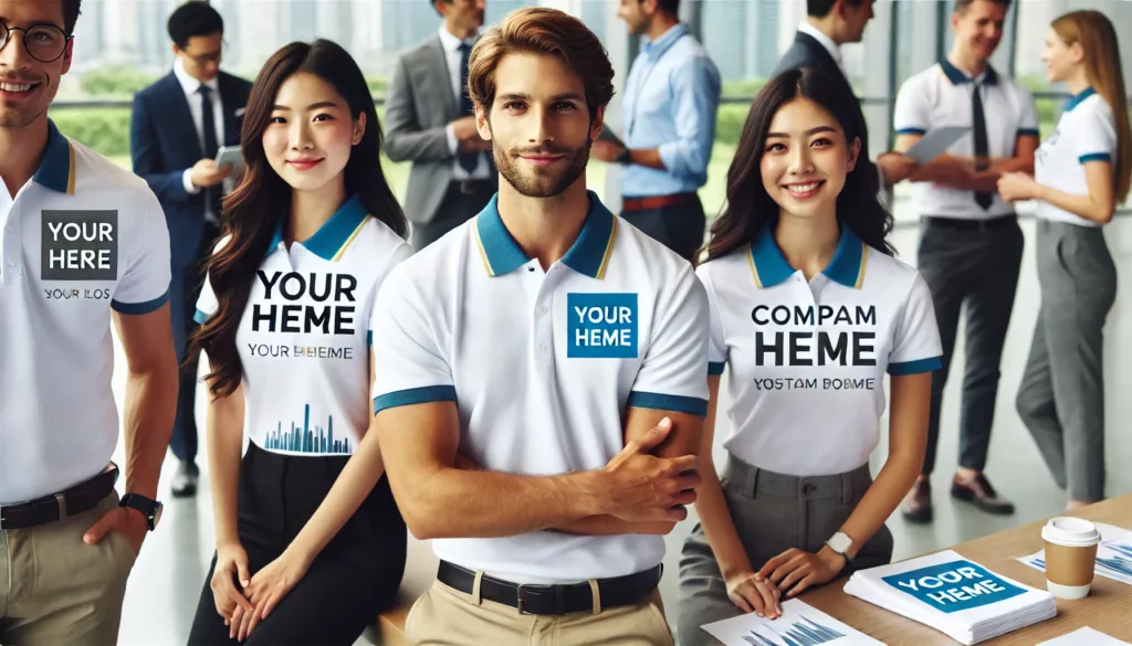 A group of professionals wearing custom polo shirts with company branding at a corporate event A group of professionals wearing custom polo shirts with company branding at a corporate event