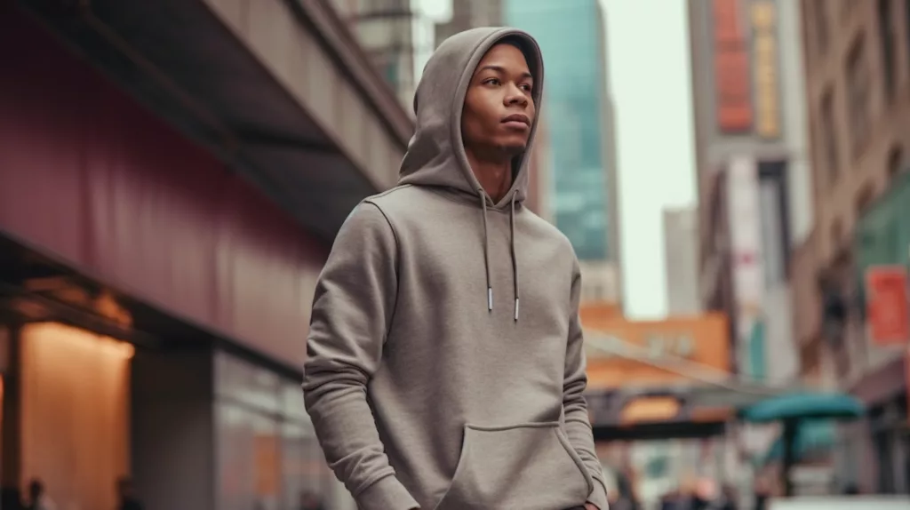 A luxury hoodie being worn by a model in an upscale trendy setting like an urban street modern cafe or high end interior 3 A luxury hoodie being worn by a model in an upscale trendy setting like an urban street modern cafe or high end interior 3