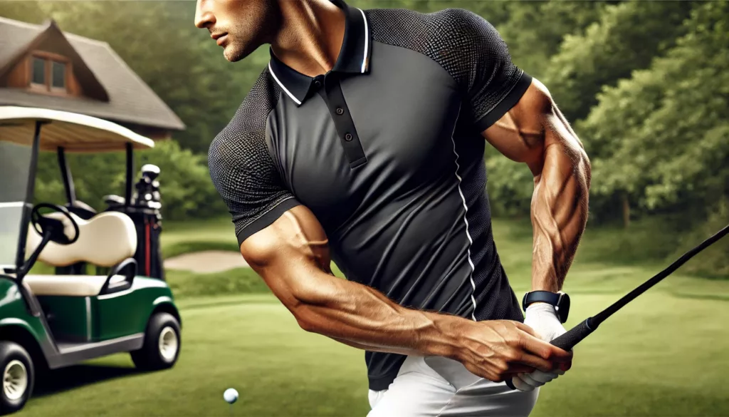 A person playing golf or tennis while wearing a moisture wicking athletic polo shirt A person playing golf or tennis while wearing a moisture wicking athletic polo shirt