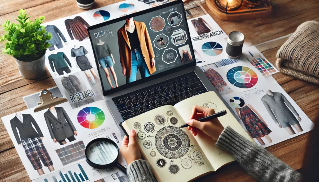 A person researching clothing trends or brainstorming in a notebook to define a clothing brands niche A person researching clothing trends or brainstorming in a notebook to define a clothing brands niche