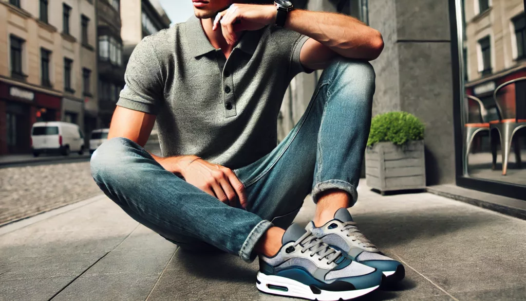 A person wearing a stylish polo shirt paired with jeans and sneakers showcasing a relaxed everyday outfit A person wearing a stylish polo shirt paired with jeans and sneakers showcasing a relaxed everyday outfit