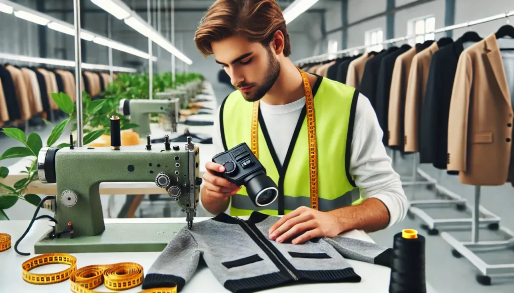 A quality control expert inspecting finished garments checking stitching A quality control expert inspecting finished garments checking stitching