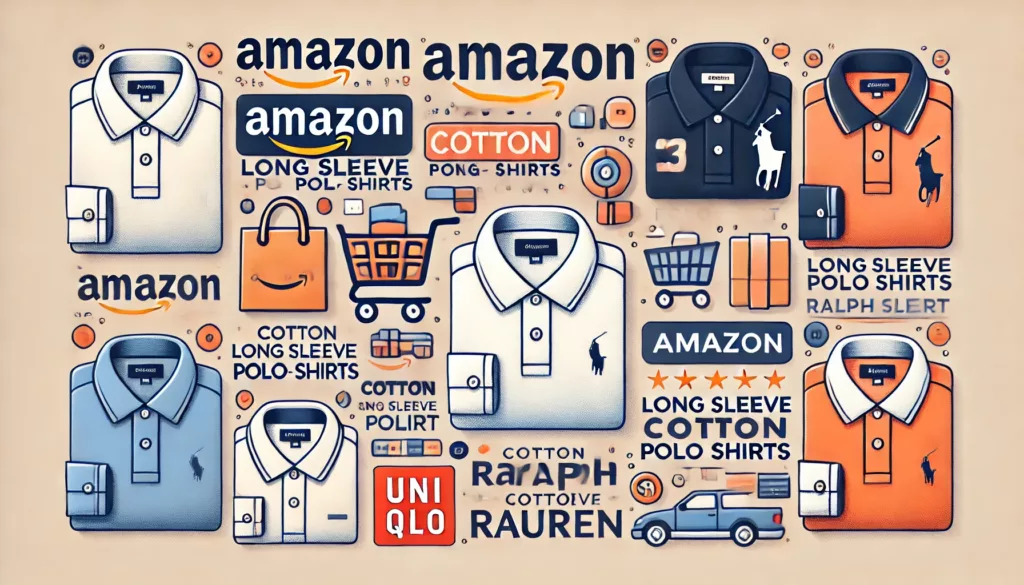 A shopping themed image featuring popular online stores and brands selling cotton long sleeve polo shirts A shopping themed image featuring popular online stores and brands selling cotton long sleeve polo shirts