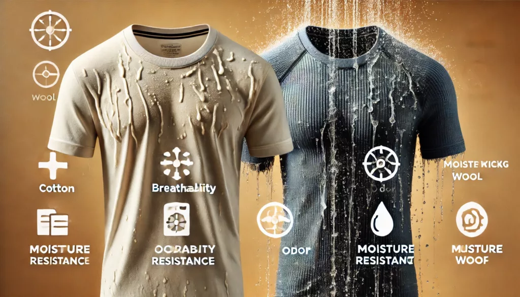 A side by side comparison of a cotton t shirt vs. a Merino wool t shirt A side by side comparison of a cotton t shirt vs. a Merino wool t shirt