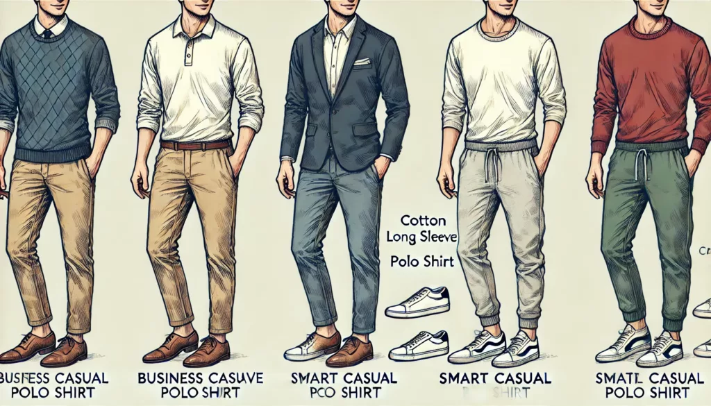 A side by side image showing three different ways to style a cotton long sleeve polo shirt A side by side image showing three different ways to style a cotton long sleeve polo shirt