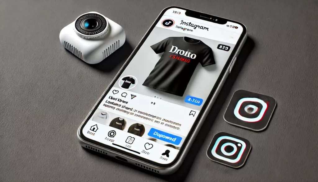 A smartphone screen showing a social media post promoting a clothing brand including a custom t shirt design A smartphone screen showing a social media post promoting a clothing brand including a custom t shirt design